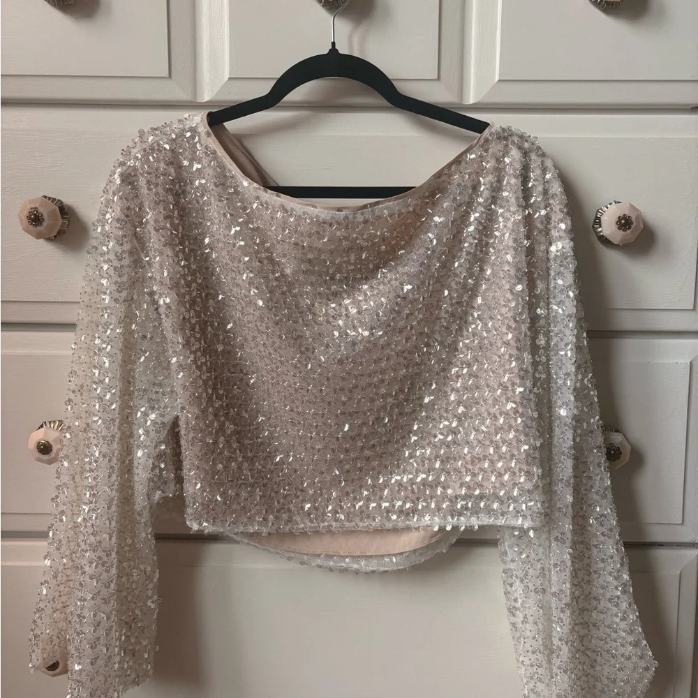 Anthropologie Ivory Sequin Cropped Long-Sleeve Top